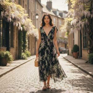 ASOS Women’s Floral V-Neck Maxi Dress Sheer Flowy Asymmetrical Hem Black Green 4